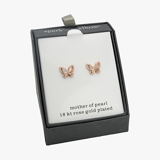 Sparkle Allure Pink Mother Of Pearl Cultured Freshwater Pearl 18K Rose Gold Over Brass 13mm Butterfly Stud Earrings