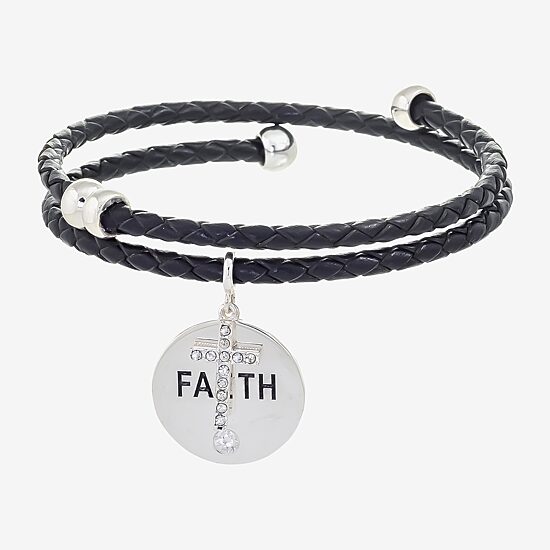 Sparkle Allure Black Leather Faith Coil Womens Crystal Pure Silver Over Brass Wrap Bracelet