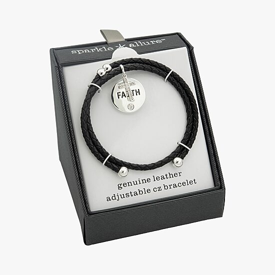 Sparkle Allure Black Leather Faith Coil Womens Crystal Pure Silver Over Brass Wrap Bracelet
