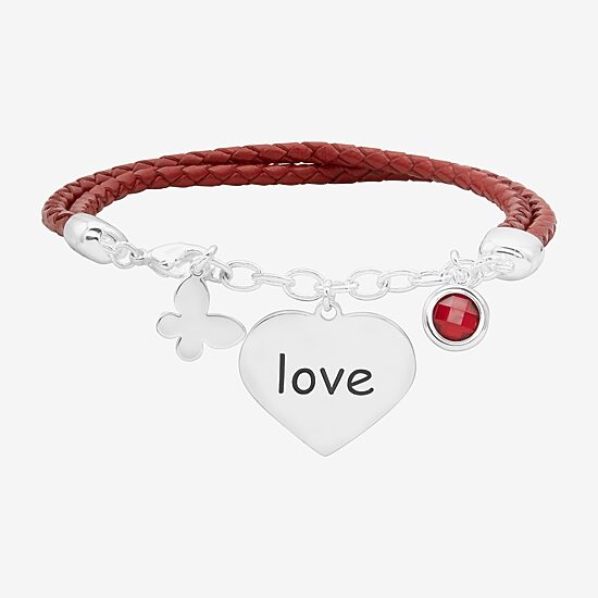 Sparkle Allure Red Leather Love Womens Red Crystal Pure Silver Over Brass Butterfly Heart Charm Bracelet