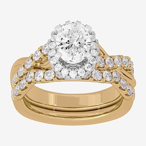 Signature By Modern Bride (H-I / Si1-Si2) Womens 2 CT. T.W. Lab Grown White Diamond 10K White Gold Oval Side Stone Halo Bridal Set, 9, Yellow