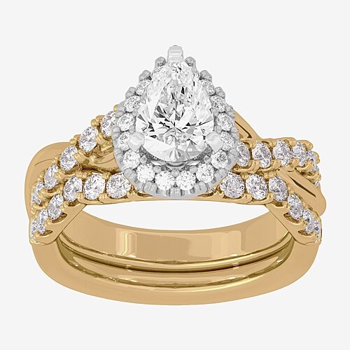 Signature By Modern Bride (H-I / Si1-Si2) Womens 2 CT. T.W. Lab Grown White Diamond 10K White Gold Pear Side Stone Halo Bridal Set, 9, Yellow