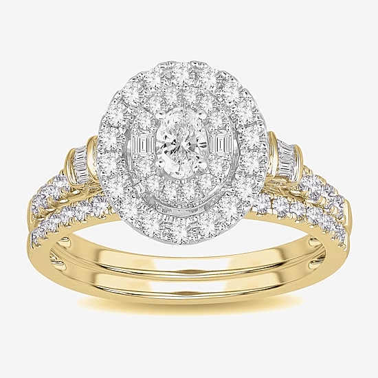 Womens 1 CT. T.W. Natural White Diamond 10K Gold Oval Side Stone Halo Bridal Set