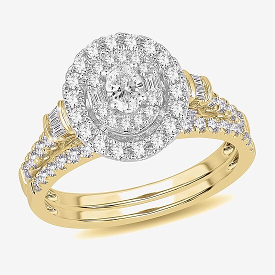 Womens 1 CT. T.W. Natural White Diamond 10K Gold Oval Side Stone Halo Bridal Set