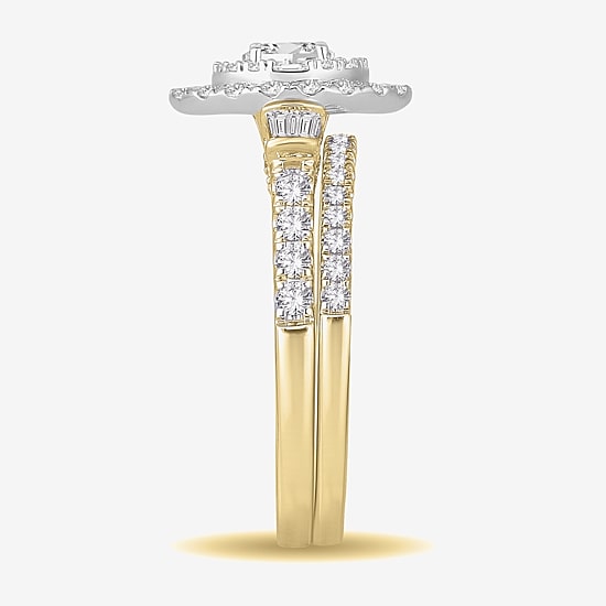 Womens 1 CT. T.W. Natural White Diamond 10K Gold Oval Side Stone Halo Bridal Set