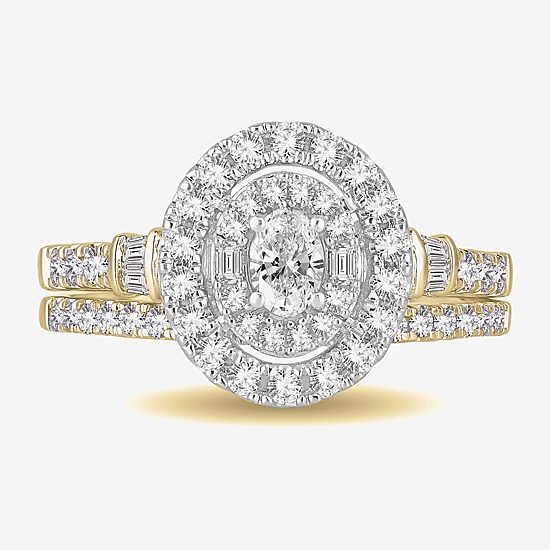 Womens 1 CT. T.W. Natural White Diamond 10K Gold Oval Side Stone Halo Bridal Set