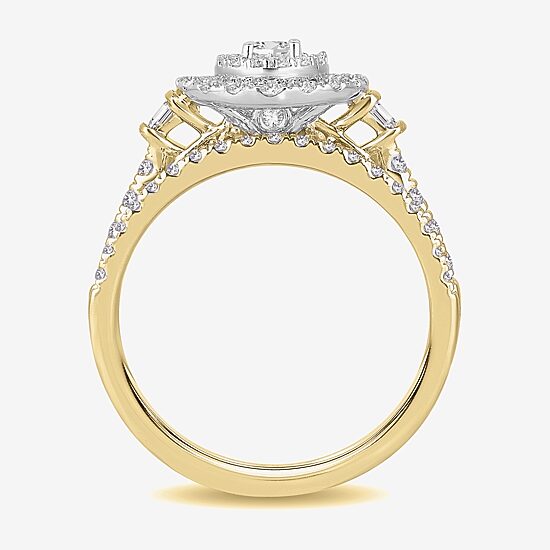 Womens 1 CT. T.W. Natural White Diamond 10K Gold Oval Side Stone Halo Bridal Set