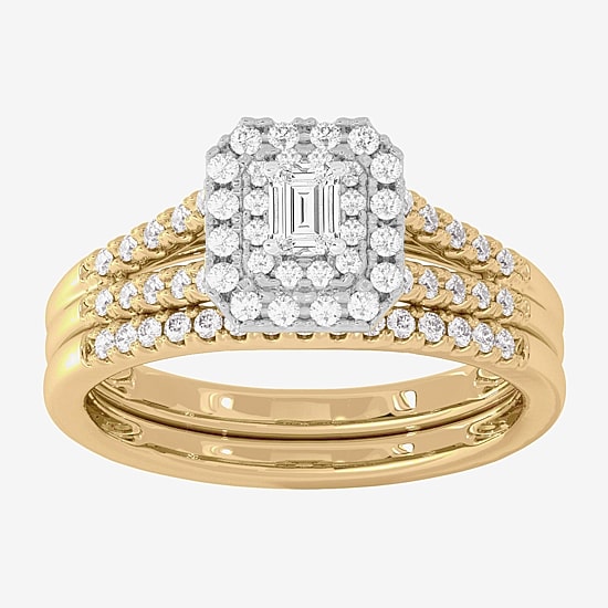 Womens 1/2 CT. T.W. Natural White Diamond 10K Gold Side Stone Halo Bridal Set