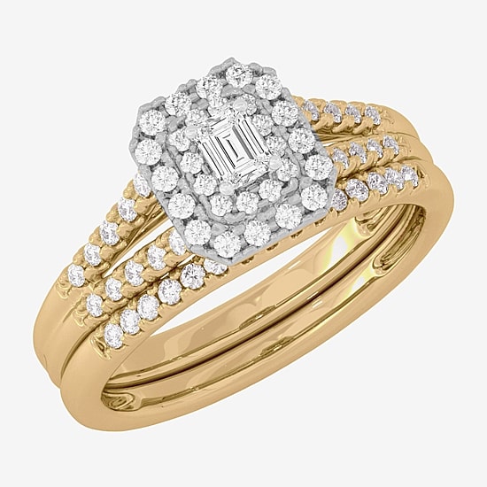 Womens 1/2 CT. T.W. Natural White Diamond 10K Gold Side Stone Halo Bridal Set