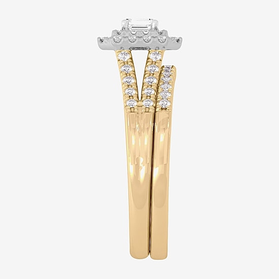 Womens 1/2 CT. T.W. Natural White Diamond 10K Gold Side Stone Halo Bridal Set