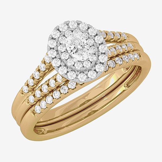 Womens 1/2 CT. T.W. Natural White Diamond 10K Gold Oval Side Stone Halo Bridal Set