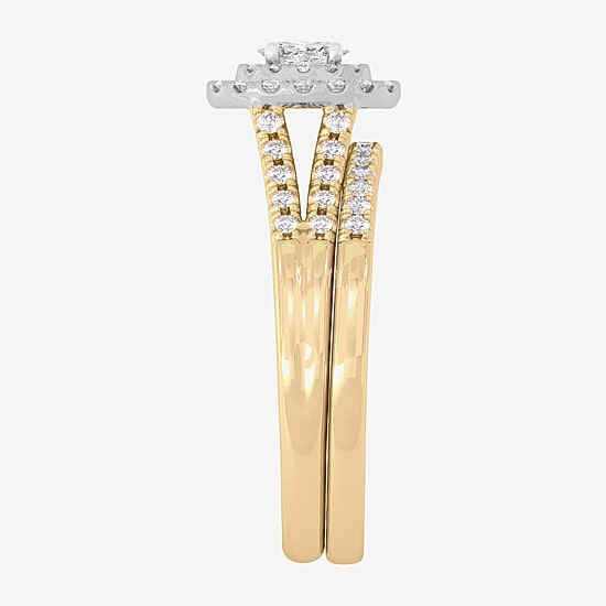 Womens 1/2 CT. T.W. Natural White Diamond 10K Gold Oval Side Stone Halo Bridal Set