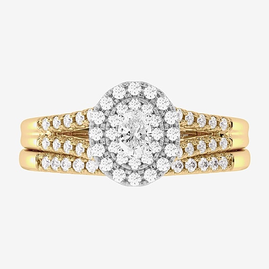 Womens 1/2 CT. T.W. Natural White Diamond 10K Gold Oval Side Stone Halo Bridal Set