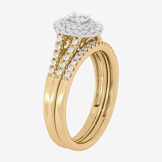 Womens 1/2 CT. T.W. Natural White Diamond 10K Gold Oval Side Stone Halo Bridal Set