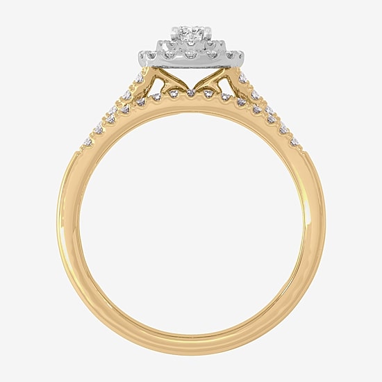 Womens 1/2 CT. T.W. Natural White Diamond 10K Gold Oval Side Stone Halo Bridal Set