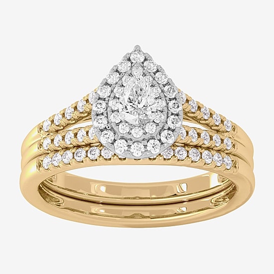 Womens 3/8 CT. T.W. Natural White Diamond 10K Gold Side Stone Halo Bridal Set