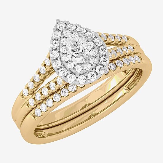 Womens 3/8 CT. T.W. Natural White Diamond 10K Gold Side Stone Halo Bridal Set