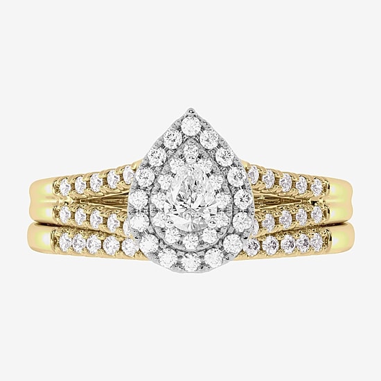 Womens 3/8 CT. T.W. Natural White Diamond 10K Gold Side Stone Halo Bridal Set