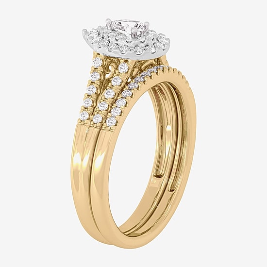 Womens 3/8 CT. T.W. Natural White Diamond 10K Gold Side Stone Halo Bridal Set
