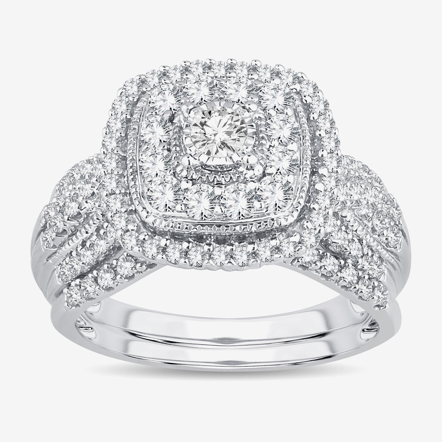 (H-I / Si1-Si2) Womens 1 CT. T.W. Lab Grown White Diamond 10K or 14K Gold Cushion Halo Bridal Set
