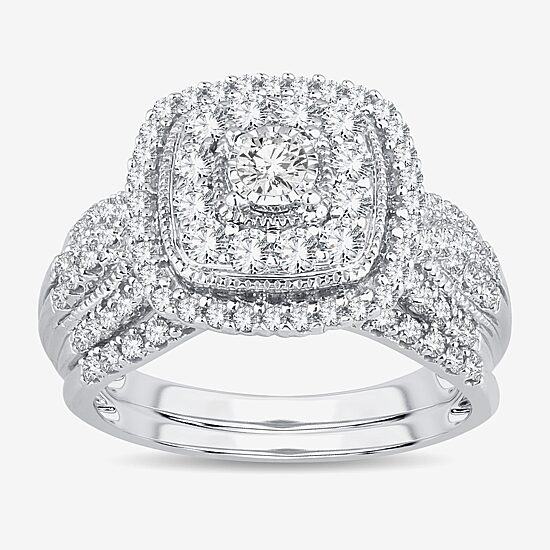 (H-I / Si1-Si2) Womens 1 CT. T.W. Lab Grown White Diamond 10K or 14K Gold Cushion Halo Bridal Set