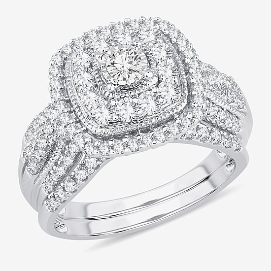 (H-I / Si1-Si2) Womens 1 CT. T.W. Lab Grown White Diamond 10K or 14K Gold Cushion Halo Bridal Set