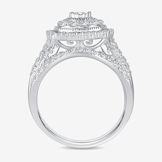 (H-I / Si1-Si2) Womens 1 CT. T.W. Lab Grown White Diamond 10K or 14K Gold Cushion Halo Bridal Set