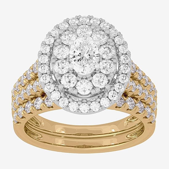 Signature By Modern Bride (H-I / Si1-Si2) Womens 2 CT. T.W. Lab Grown White Diamond 10K Gold Oval Side Stone Halo Bridal Set