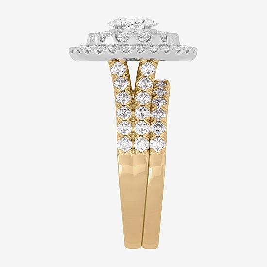 Signature By Modern Bride (H-I / Si1-Si2) Womens 2 CT. T.W. Lab Grown White Diamond 10K Gold Oval Side Stone Halo Bridal Set