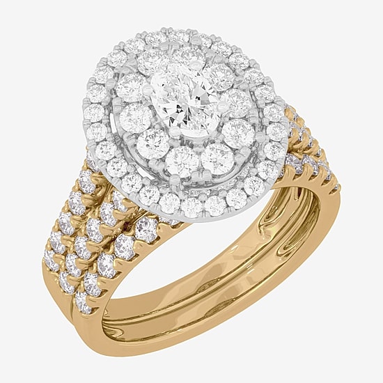 Signature By Modern Bride (H-I / Si1-Si2) Womens 2 CT. T.W. Lab Grown White Diamond 10K Gold Oval Side Stone Halo Bridal Set