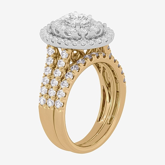 Signature By Modern Bride (H-I / Si1-Si2) Womens 2 CT. T.W. Lab Grown White Diamond 10K Gold Oval Side Stone Halo Bridal Set