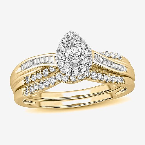 Womens 1/2 CT. T.W. Natural White Diamond 10K Gold Pear Side Stone Halo Bridal Set, 9, Yellow