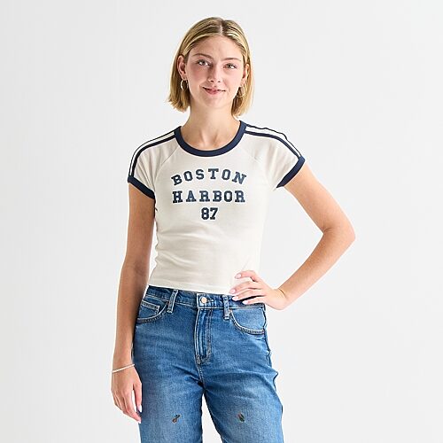 Arizona Womens Juniors Round Neck Short Sleeve Loose Fit Graphic T-shirt In White
