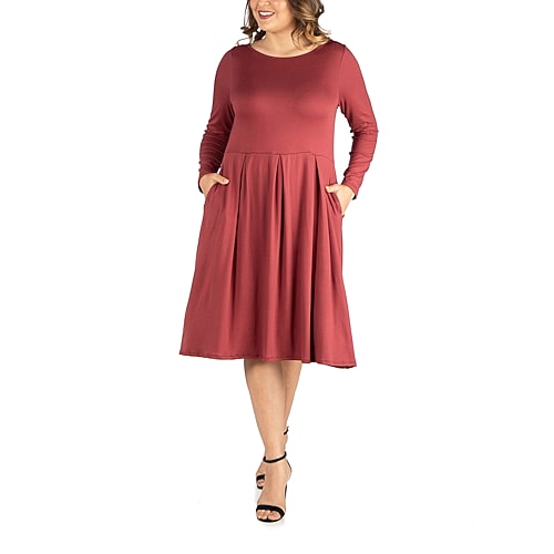 24seven Comfort Apparel Womens Plus Midi Round Neck Long Sleeve Fit + Flare Dress, 1x, Orange