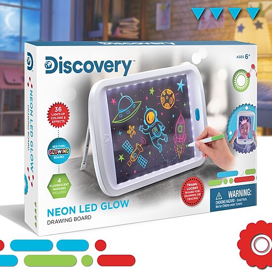 Discovery Kids Neon LED Glow Drawing Board With 4 Fluorescent Markers, 5-piece, Age 6+