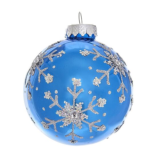 Kurt Adler 80MM Blue and Silver Glitter Snowflake Glass Ball Ornaments 6 Piece Box