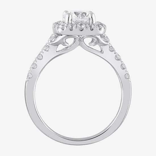 (H-I / I1) Womens 2 CT. T.W. Lab Grown White Diamond 10K Gold Cushion Side Stone Halo Bridal Set