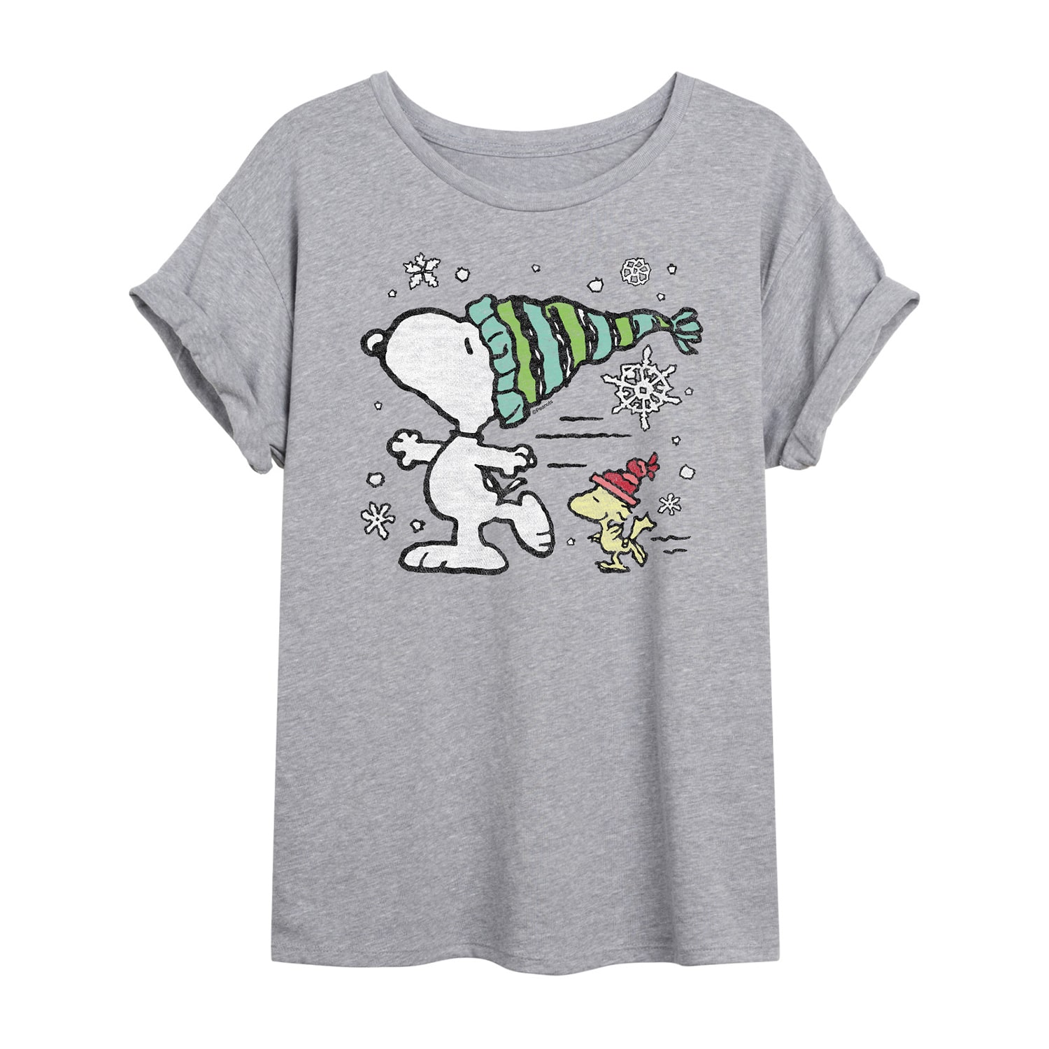 Peanuts Snoopy And Woodstock Skating Tee Womens Juniors Scoop Neck Short Sleeve Oversized Graphic T-Shirt