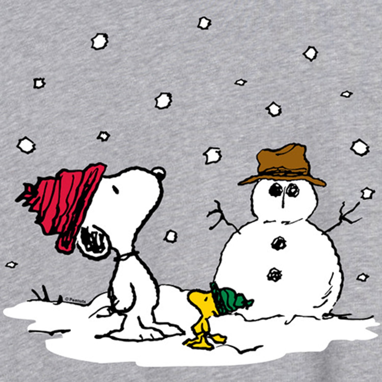 Peanuts Snoopy And Woodstock Snowman Tee Womens Juniors Scoop Neck Short Sleeve Oversized Graphic T-Shirt