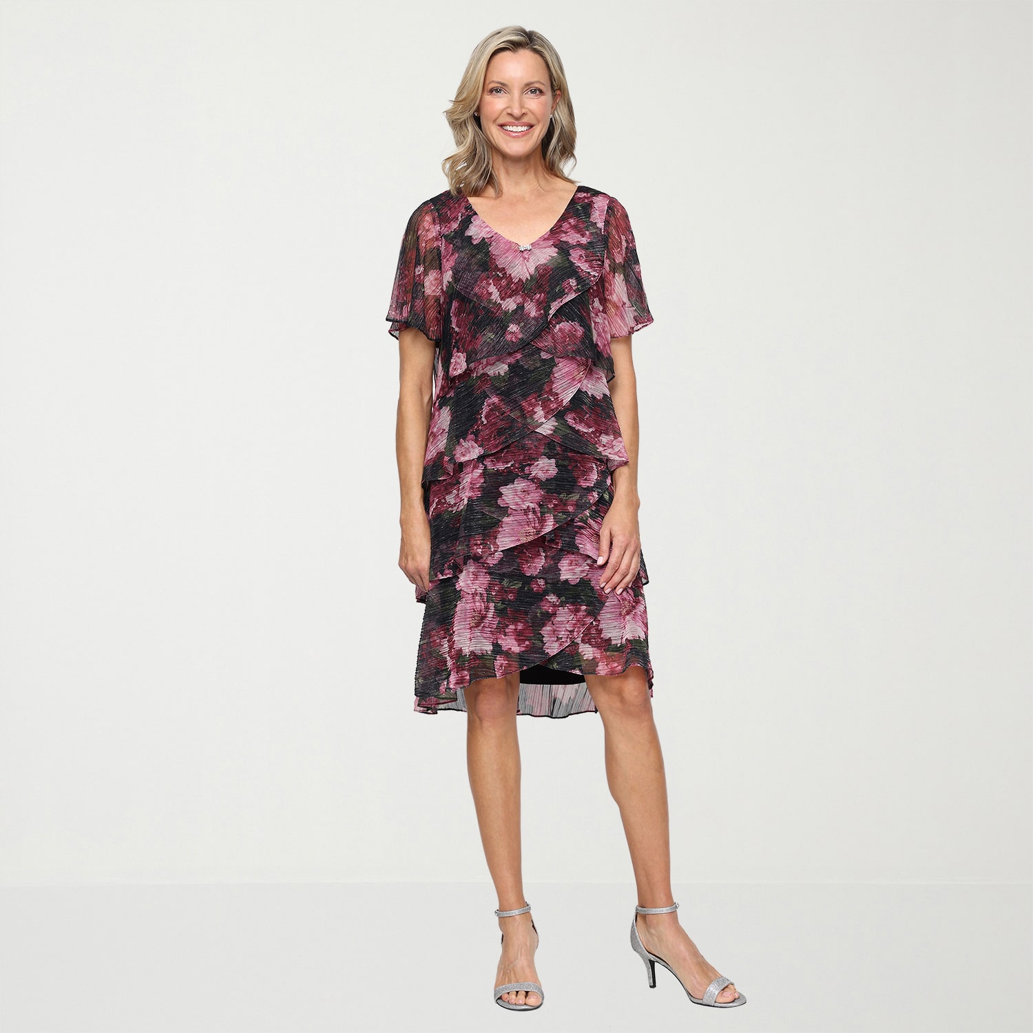 S. L. Fashions Womens V Neck Short Sleeve Floral Shift Dress