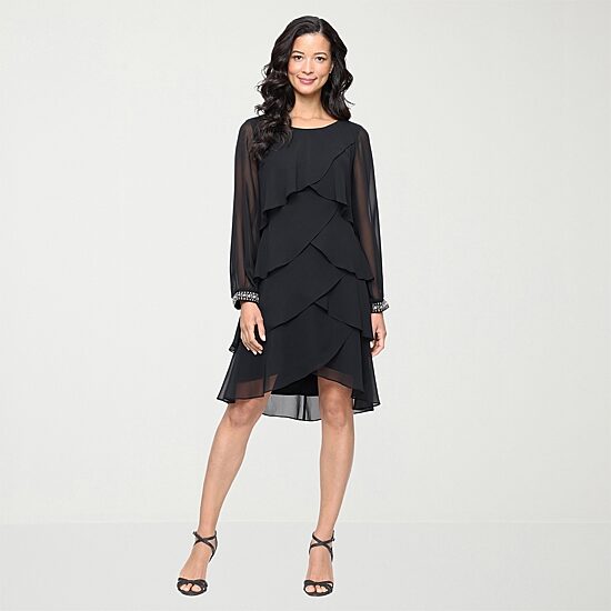 S. L. Fashions Womens Round Neck Long Sleeve Shift Dress