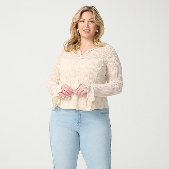 JS Jessica Simpson Womens Plus Split Crew Neck Long Sleeve Blouse