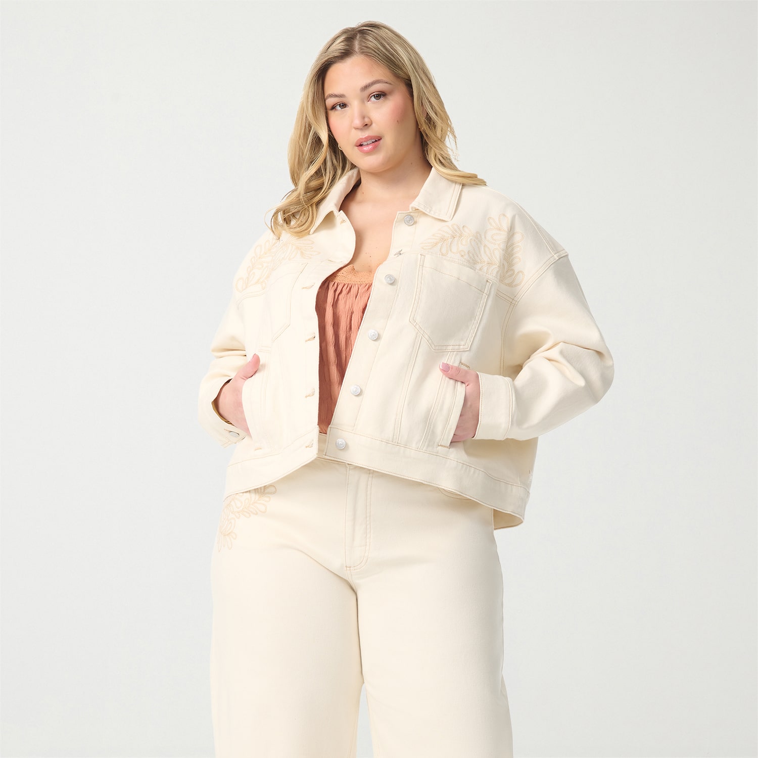 JS Jessica Simpson Womens Plus Denim Embroidered Lightweight Jacket