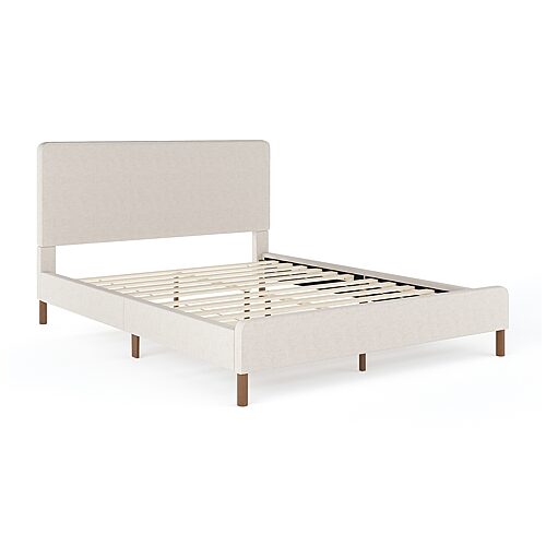 Britta King Upholstered Platform Bed w/Rounded Headboard, Piped Detailing/Cushioned Sderails, Beige