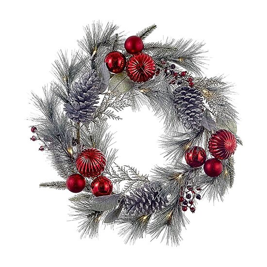 Kurt Adler Battery Operated Red Berries Balls And Silver Pinecone Wreath