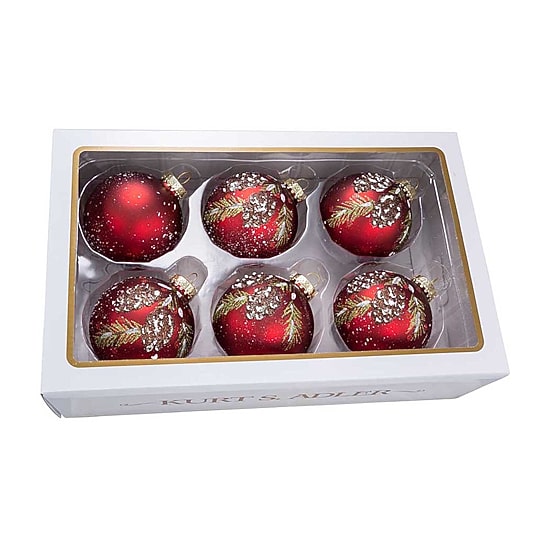 Kurt Adler 80MM Glass Red With Pinecone Design Ball Ornaments 6 Piece Box Set