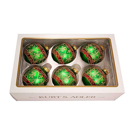 Kurt Adler 80MM Green Glass Ball Ornament With Red And Gold Fleur-De-Lis Design 6-Piece Box