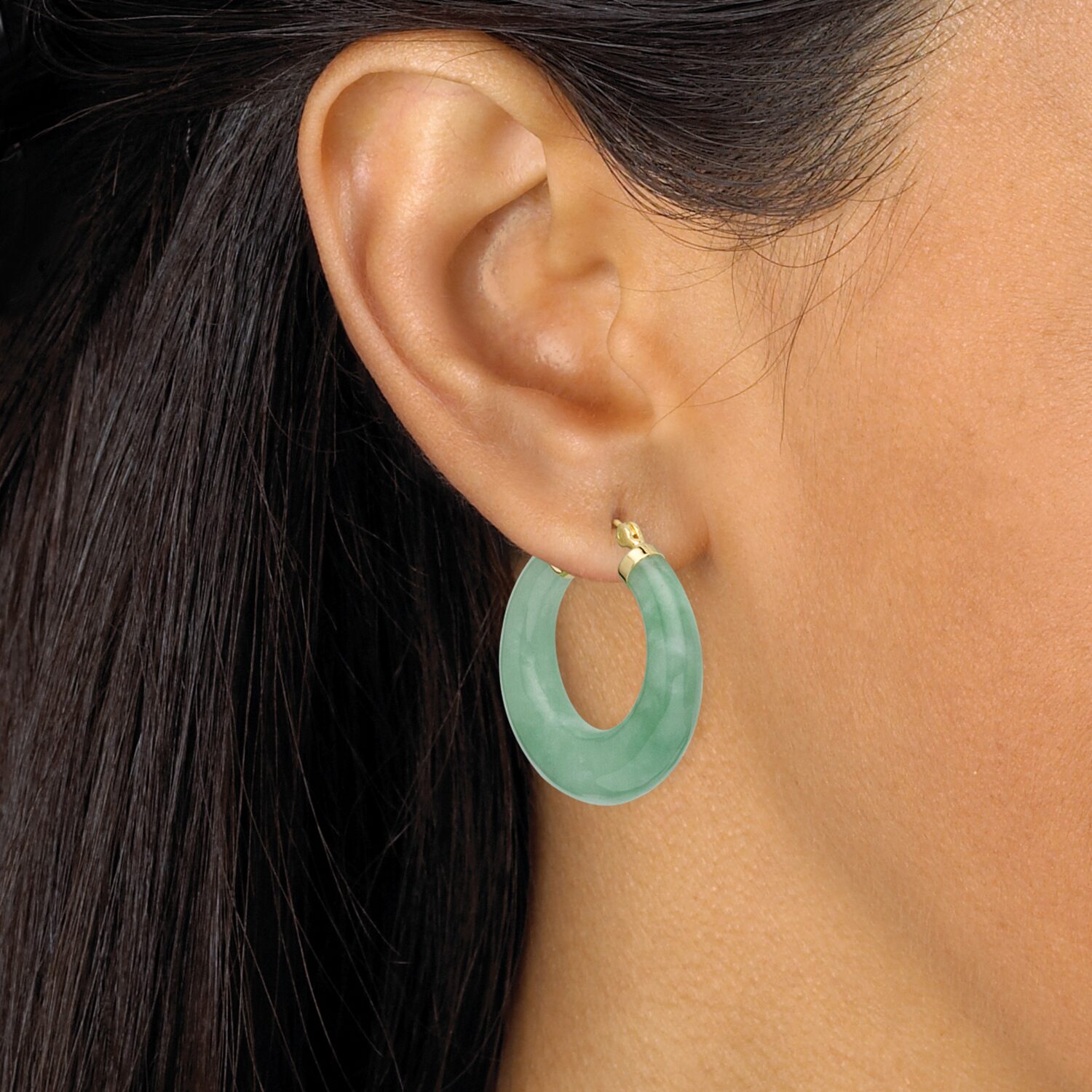 Womens Genuine Green Jade 14K Gold Over Silver 31mm Hoop Earrings