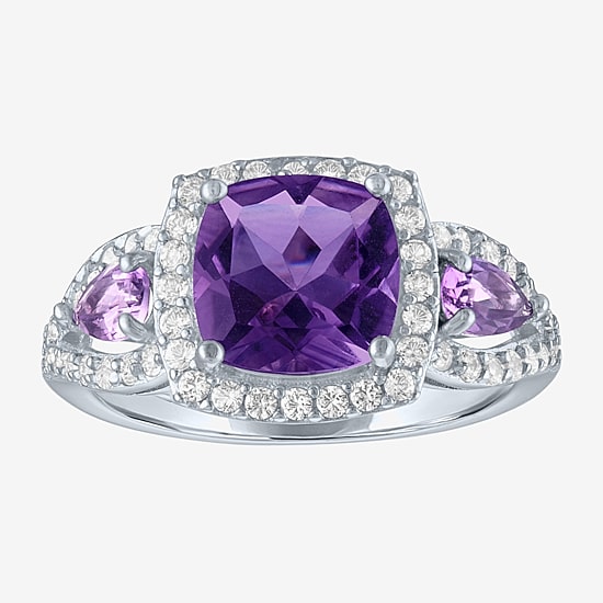 Womens Genuine Purple Amethyst Sterling Silver Cushion Halo Cocktail Ring