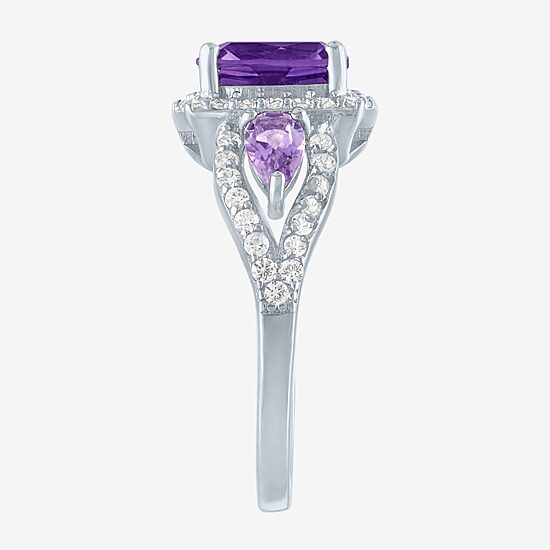 Womens Genuine Purple Amethyst Sterling Silver Cushion Halo Cocktail Ring